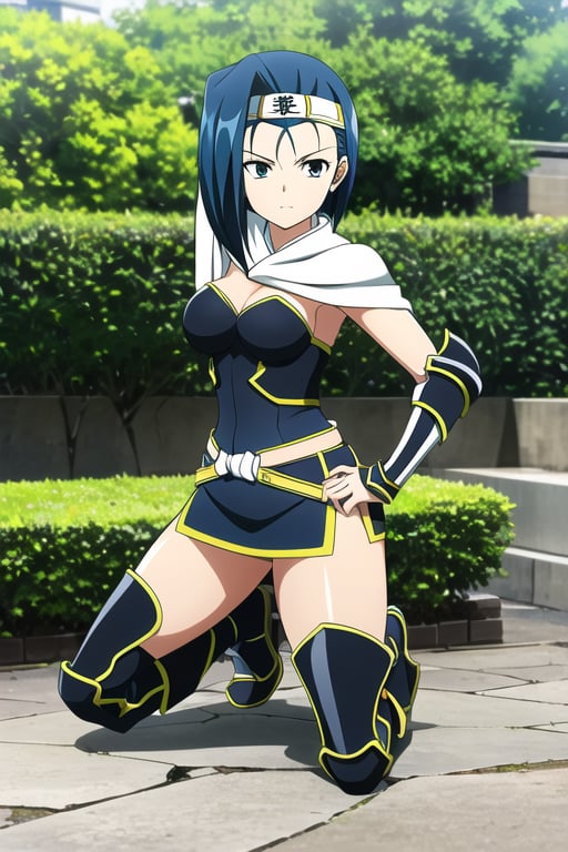 (best quality:1.1), (masterpiece:1.2), 1girl, solo, blue hair, headband, breasts, armor, thighboots, thick thighs, short hair, (pose), outdoors, miniskirt, kneeling, single hair intake