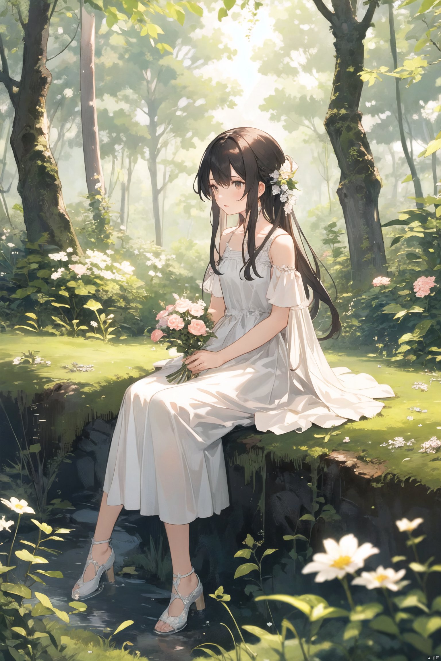  masterpiece,best quality,ï¼ 1girl, sitting on grass, flowers, holding flowers, warm lighting, white dress, blurry foreground, (forest:1.5)