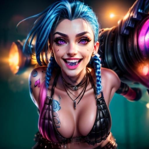 <lora:LoLJinxLora:1> blue, hair, woman, braids, tattoos, piercings, bazooka,minigun, pink black outfit,beautiful eyes, horny expression:1.2; full body:1.2, beautiful girl, high detail skin, high detail eyes, high detail hair, toned body,  skimpy,5 finger, highres, ultra detailed:1, 4k, high quality, ultra realistic, sharpen image, full body, hotporn, award winning photography, Professional Photo, full body shot, detailed eyes, Highly detailed, fine details, intricate, sharpen picture, colorfull picture,vivid colors, small breasts:1.2, highres, ultra detailed:1.3, 4k, high quality, ultra realistic, sharpen image, extremely detailed CG unity 8k wallpape, hdr, extremely intricate, High Detail:1, Sharp focus, soft cinematic light, looking at viewer, detailed pupils, cute smile, 4k textures, soft cinematic light,  cinematic look, insane details, hyperdetailed, Highly detailed, <lora:more_details:0.5>