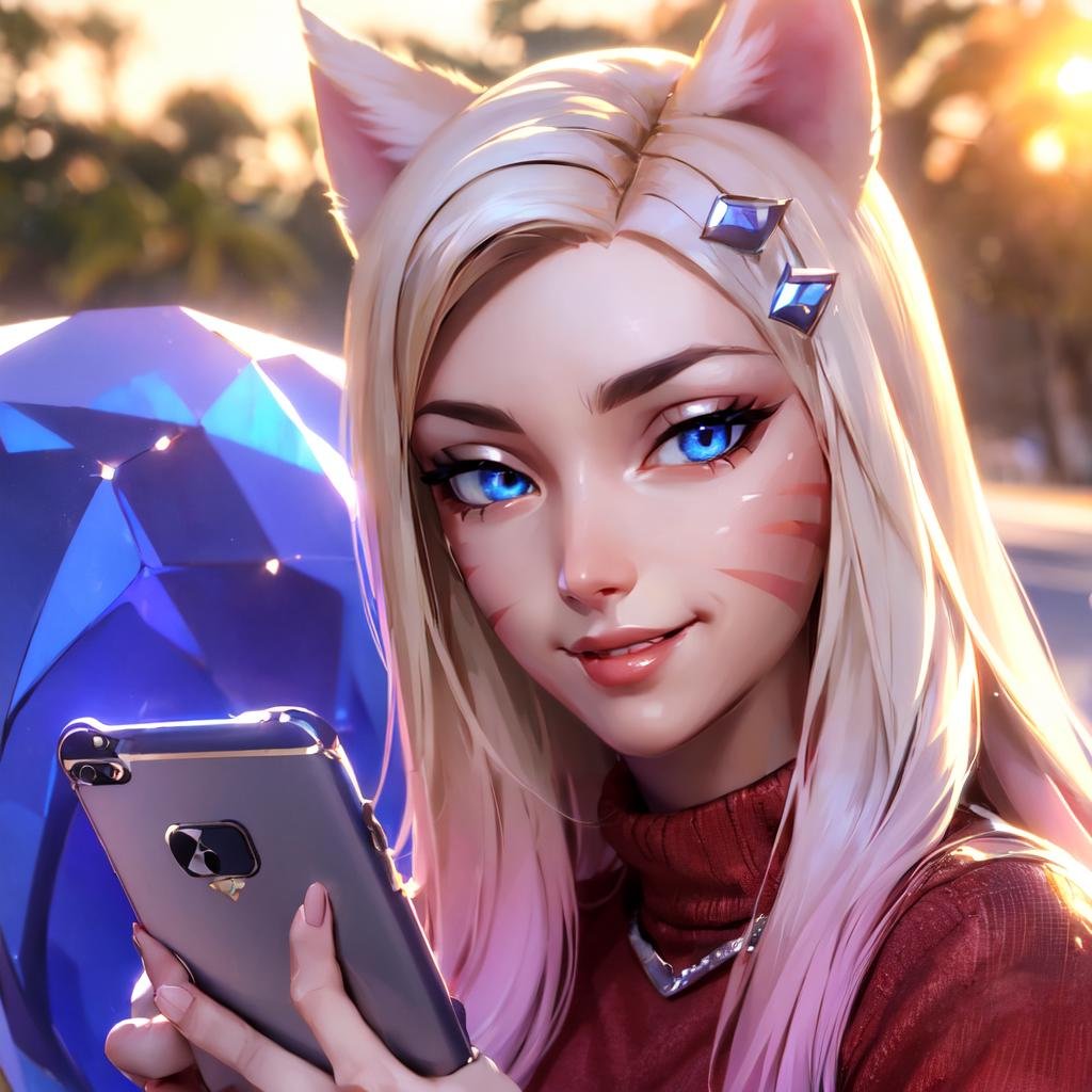 ((a woman wearing a red sweater and jeans standing at a bustop looking at a smartphone, cute smile, upper body, sunset in background)), high detail skin, high detail eyes, high detail hair, highres, ultra detailed:1.2, detailed pores, imperfect skin:1.2, detailed reflective shiny skin, diffused skin pores, sharpen picture, Highly detailed,masterpiece, best quality,     <lora:KDA_Ahriv2LoRA:1> kdaahri with blonde long hair, cat ears and crystal like tail wearing kdaoutfit, 