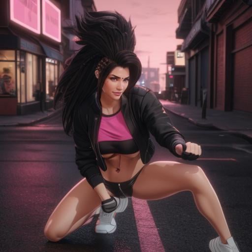 (((a woman in fighting stance on the street))) ((( woman,  iroquois,  sidecut by Bloodysunkist on Tensor.Art