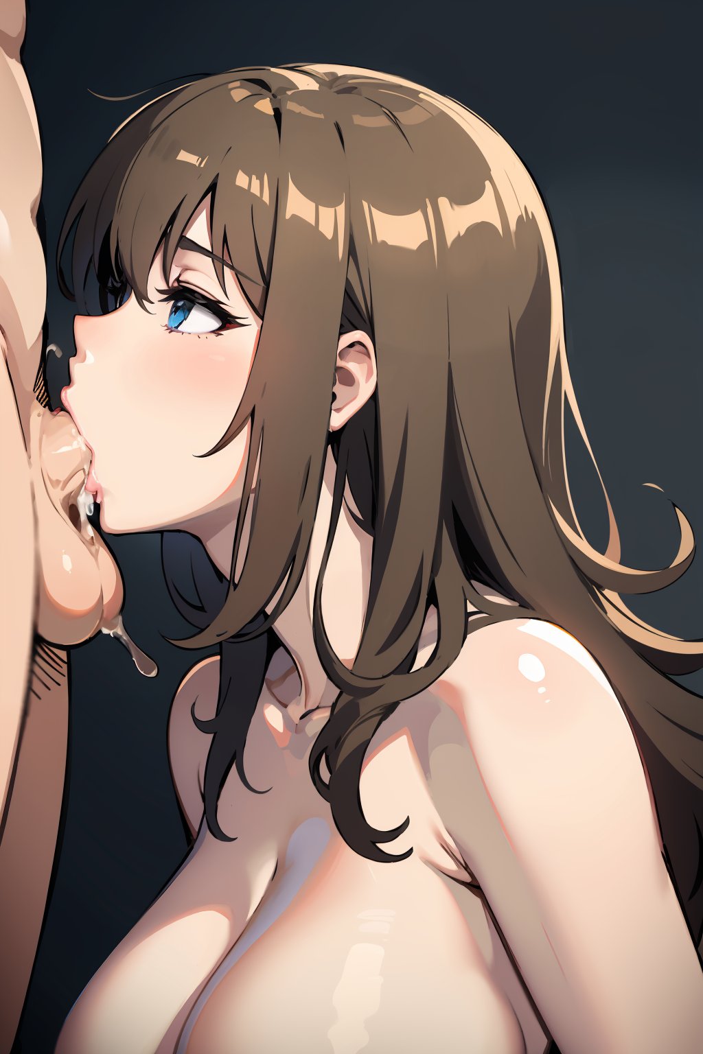 masterpiece,high quality,highres,1girl,1boy,solo focus,hetero,nude,large breasts,mature female,simple background,<lora:side-deepthroat-v3-wasabiya:1>,deepthroat,irrumatio, saliva, 