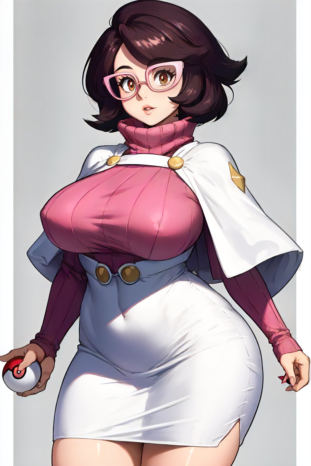 <lora:PKMN_Wicke-DEF:0.7> wicke, solo, curvy, short hair, pink eyewear, turtleneck, capelet, dress, cowboy shot, holding pokeball, perfect, sharp, masterpiece, detailed, high resolution, best quality,