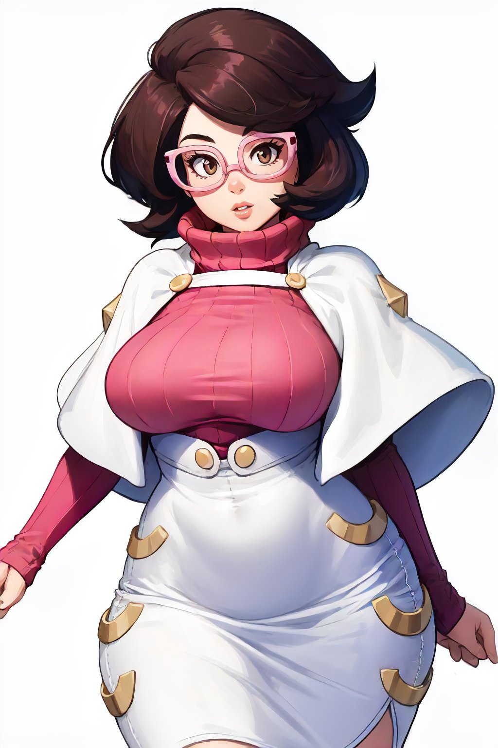 <lora:PKMN_Wicke-DEF:0.7> wicke, solo, curvy, short hair, pink eyewear, turtleneck, capelet, dress, cowboy shot, white background, perfect, sharp, masterpiece, detailed, high resolution, best quality,