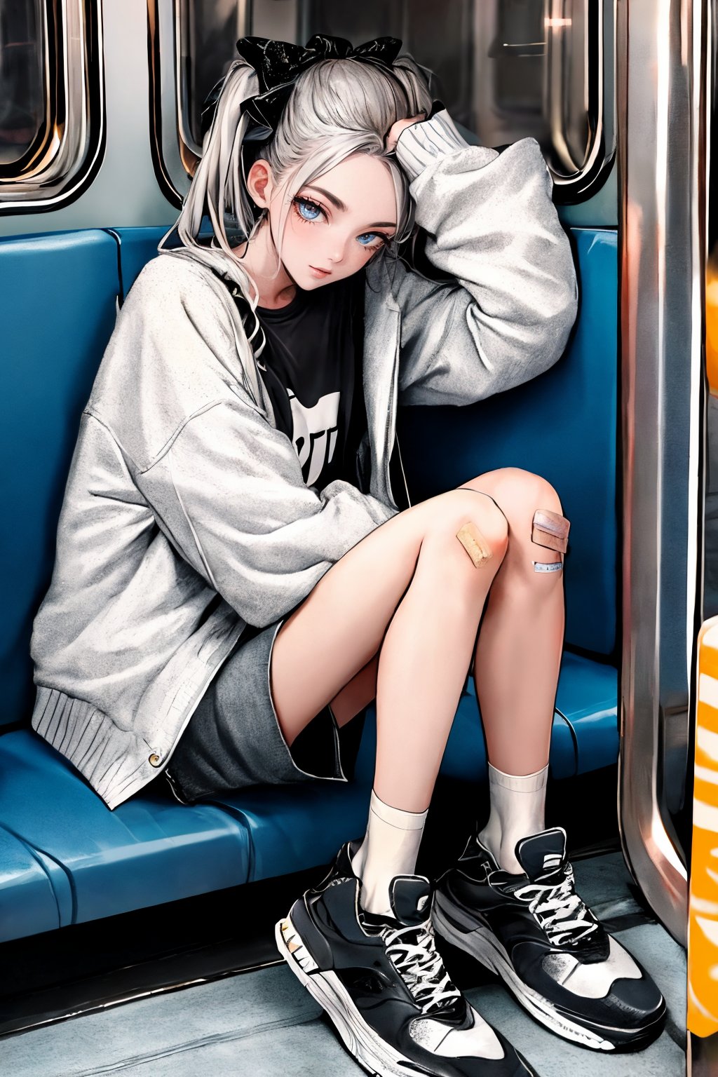 (masterpiece),,(best quality), 

1girl, solo, long hair, looking at viewer, shirt, long sleeves, bow, holding, twintails, sitting, closed mouth, jacket, full body, hair bow, grey hair, shoes, shorts, socks, open jacket, sleeves past wrists, grey eyes, black shirt, phone, black shorts, white footwear, white jacket, cellphone, bottle, black socks, sneakers, bandaid, bandaid on leg, train interior