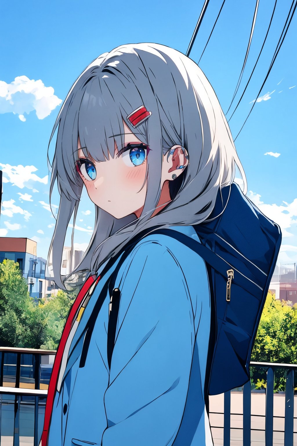 (masterpiece),,(best quality), 

1girl, solo, long hair, looking at viewer, blush, blue eyes, hair ornament, closed mouth, school uniform, jacket, upper body, grey hair, outdoors, sky, day, hairclip, cloud, bag, blue sky, piercing, blue jacket, building, ear piercing, railing, cable, earphones, power lines, utility pole