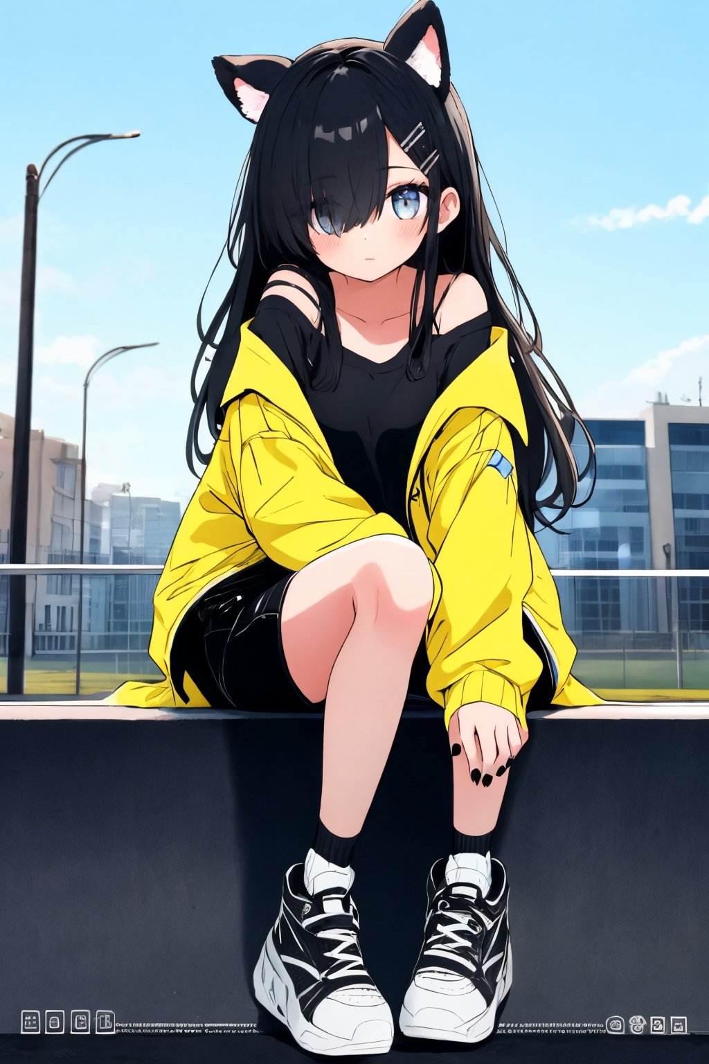 (masterpiece),,(best quality), 
1girl, solo, long hair, looking at viewer, blush, shirt, black hair, hair ornament, long sleeves, animal ears, sitting, closed mouth, jacket, full body, outdoors, sky, shoes, shorts, day, socks, hairclip, off shoulder, hair over one eye, english text, blue sky, grey eyes, black shirt, black socks, sneakers, black nails, yellow jacket