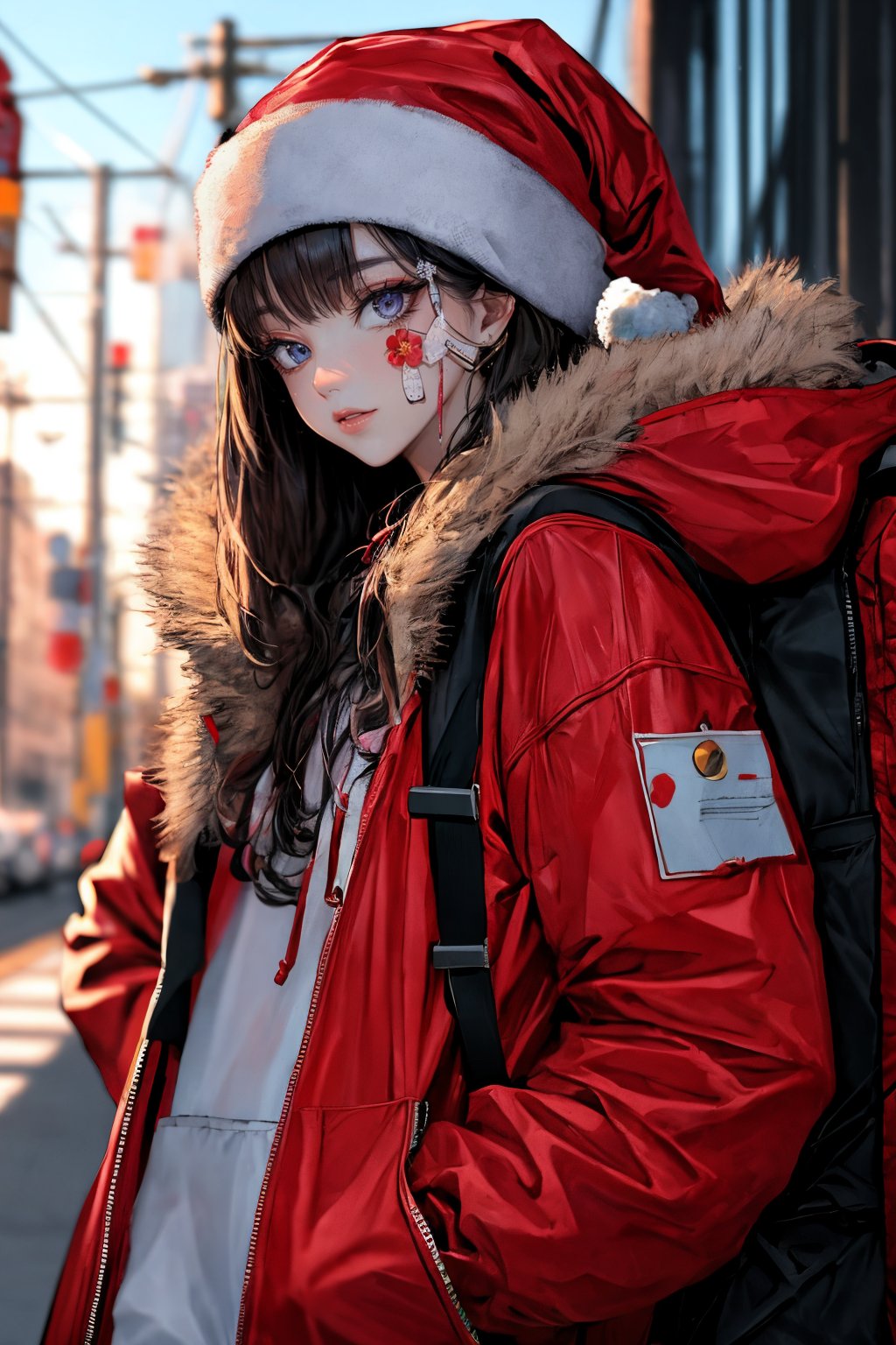 (masterpiece),,(best quality), 
1girl, solo, long hair, looking at viewer, long sleeves, hat, closed mouth, jacket, outdoors, hood, bag, blurry, fur trim, blurry background, stuffed toy, backpack, stuffed animal, hood down, ground vehicle, bandaid, hooded jacket, red headwear, motor vehicle, red jacket, santa hat, teddy bear, bandaid on face