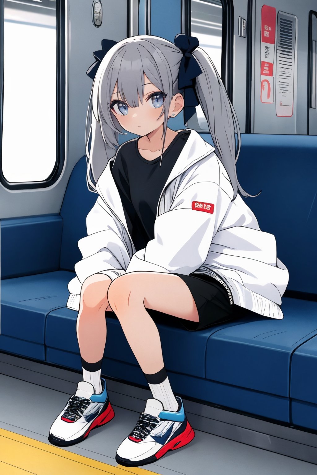 (masterpiece),,(best quality), 

1girl, solo, long hair, looking at viewer, shirt, long sleeves, bow, holding, twintails, sitting, closed mouth, jacket, full body, hair bow, grey hair, shoes, shorts, socks, open jacket, sleeves past wrists, grey eyes, black shirt, phone, black shorts, white footwear, white jacket, cellphone, bottle, black socks, sneakers, bandaid, bandaid on leg, train interior,High detailed ,masterpiece