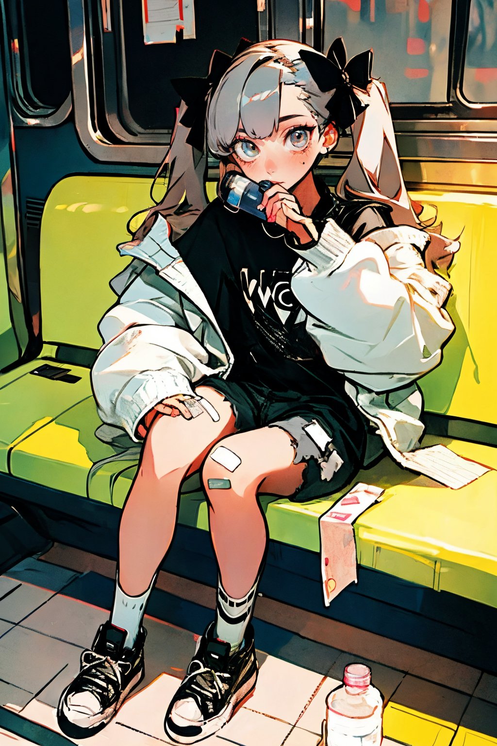 (masterpiece),,(best quality), 

1girl, solo, long hair, looking at viewer, shirt, long sleeves, bow, holding, twintails, sitting, closed mouth, jacket, full body, hair bow, grey hair, shoes, shorts, socks, open jacket, sleeves past wrists, grey eyes, black shirt, phone, black shorts, white footwear, white jacket, cellphone, bottle, black socks, sneakers, bandaid, water bottle, bandaid on leg, train interior