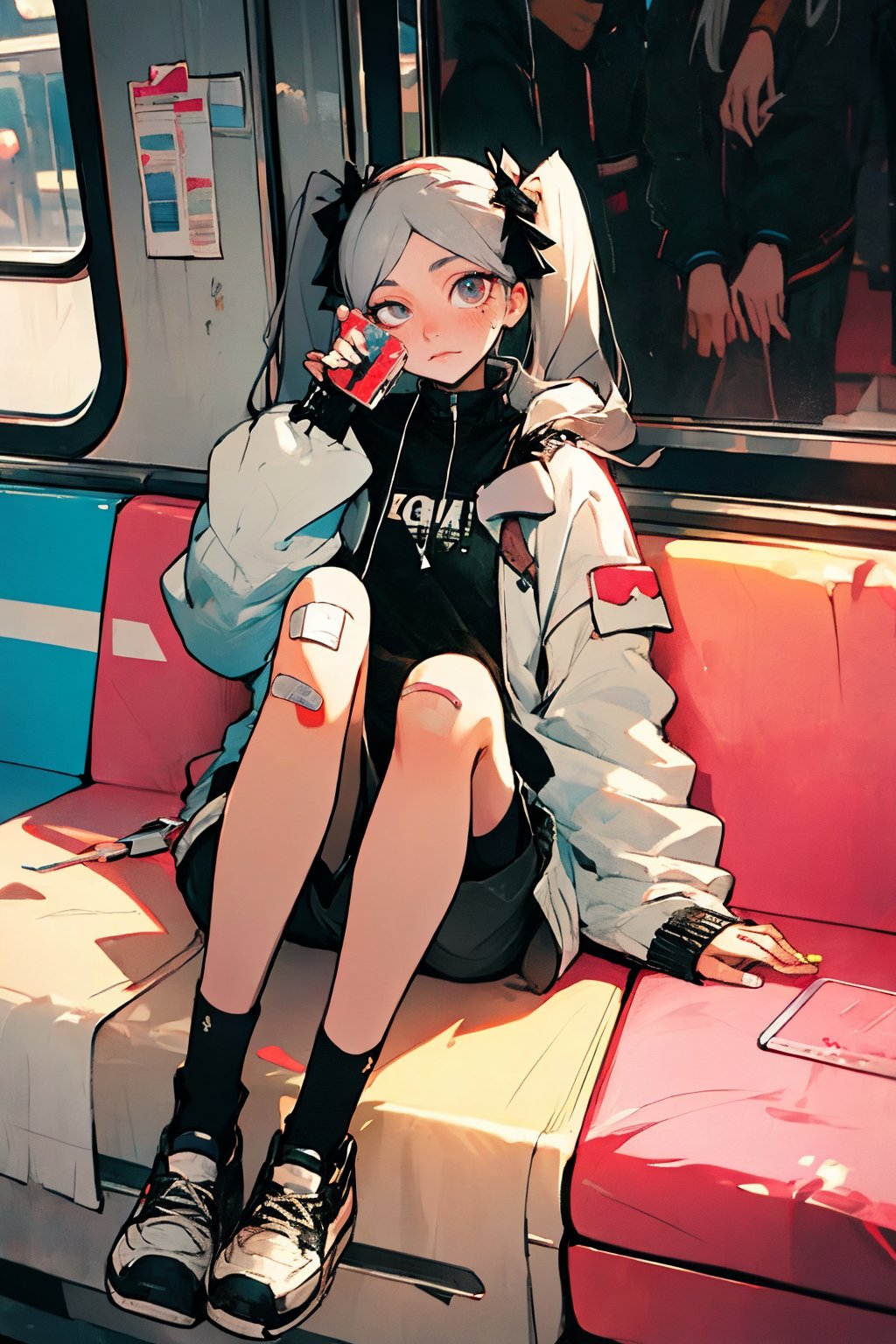 (masterpiece),,(best quality), 

1girl, solo, long hair, looking at viewer, shirt, long sleeves, bow, holding, twintails, sitting, closed mouth, jacket, full body, hair bow, grey hair, shoes, shorts, socks, open jacket, sleeves past wrists, grey eyes, black shirt, phone, black shorts, white footwear, white jacket, cellphone, bottle, black socks, sneakers, bandaid, water bottle, bandaid on leg, train interior