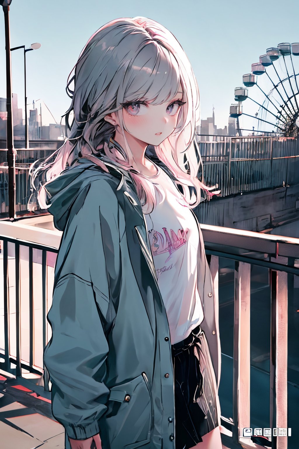 (masterpiece),,(best quality), High detailed ,masterpiece, 

1girl, solo, long hair, looking at viewer, shirt, long sleeves, closed mouth, jacket, grey hair, outdoors, open clothes, hood, pink eyes, english text, open jacket, grey eyes, white jacket, building, railing, ferris wheel