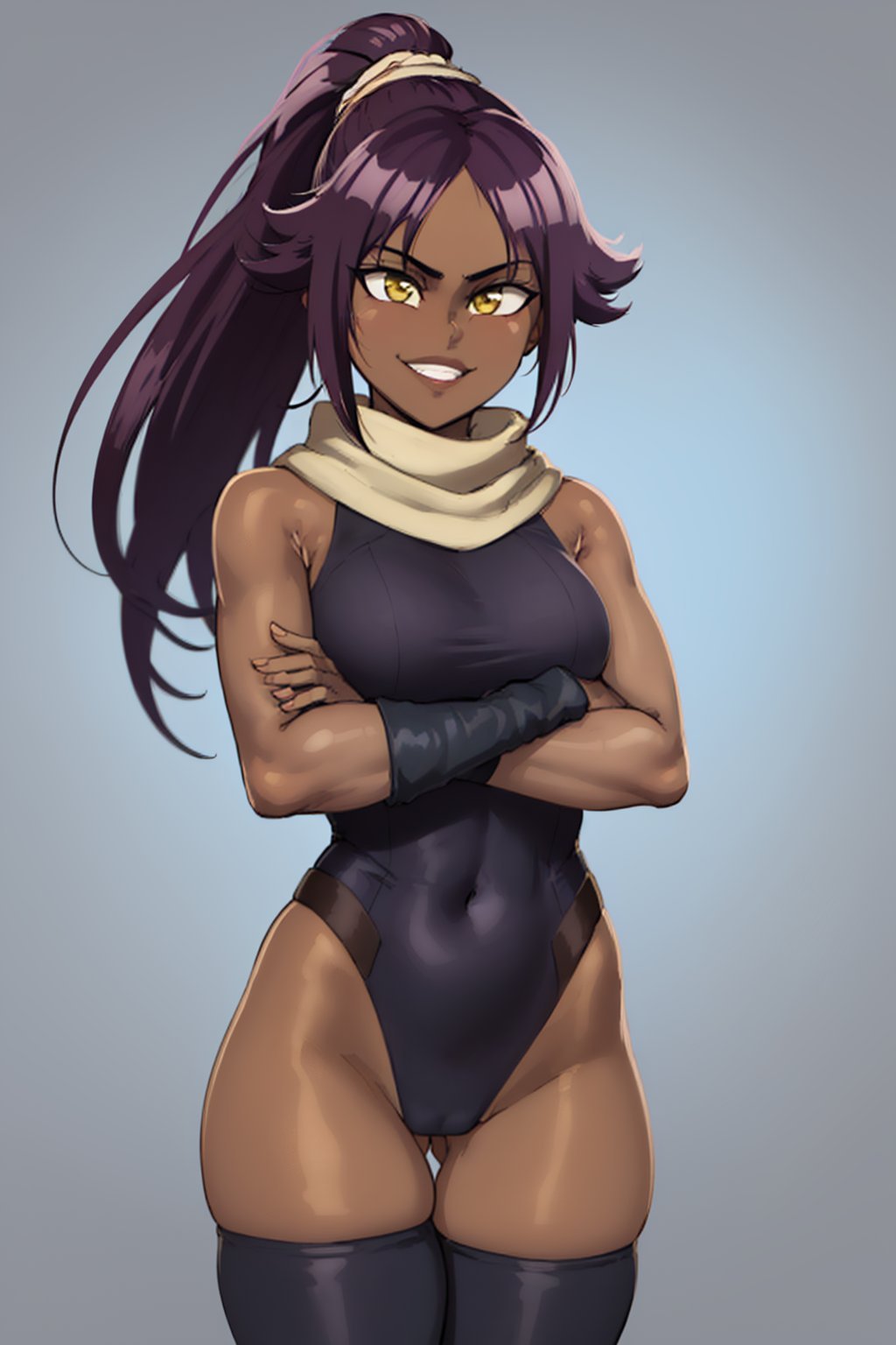 (masterpiece, best quality:1.2), cowboy shot, solo, 1girl, shihouin yoruichi, dark skin, dark-skinned female, smile, looking at viewer, crossed arms, ponytail, leotard, thighhighs, scarf <lyco:style_aestheticc-meme-20:1.0> <lora:bleach_shihouin-10:0.8> 