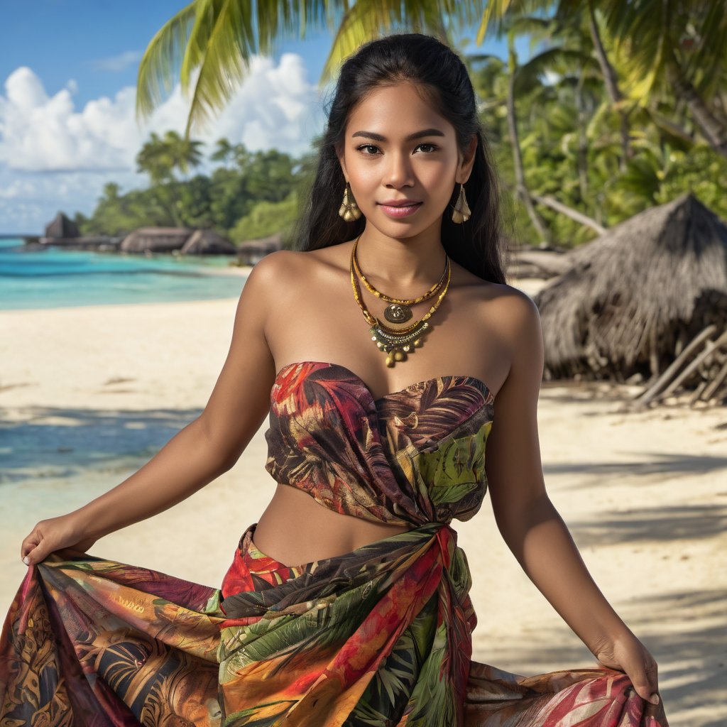 21yo polynesian woman, beach, sarong, masterpiece, best quality, professional photo, anti-aliasing, lifelike texture, limited palette, detailed skin, super resolution, rich colors