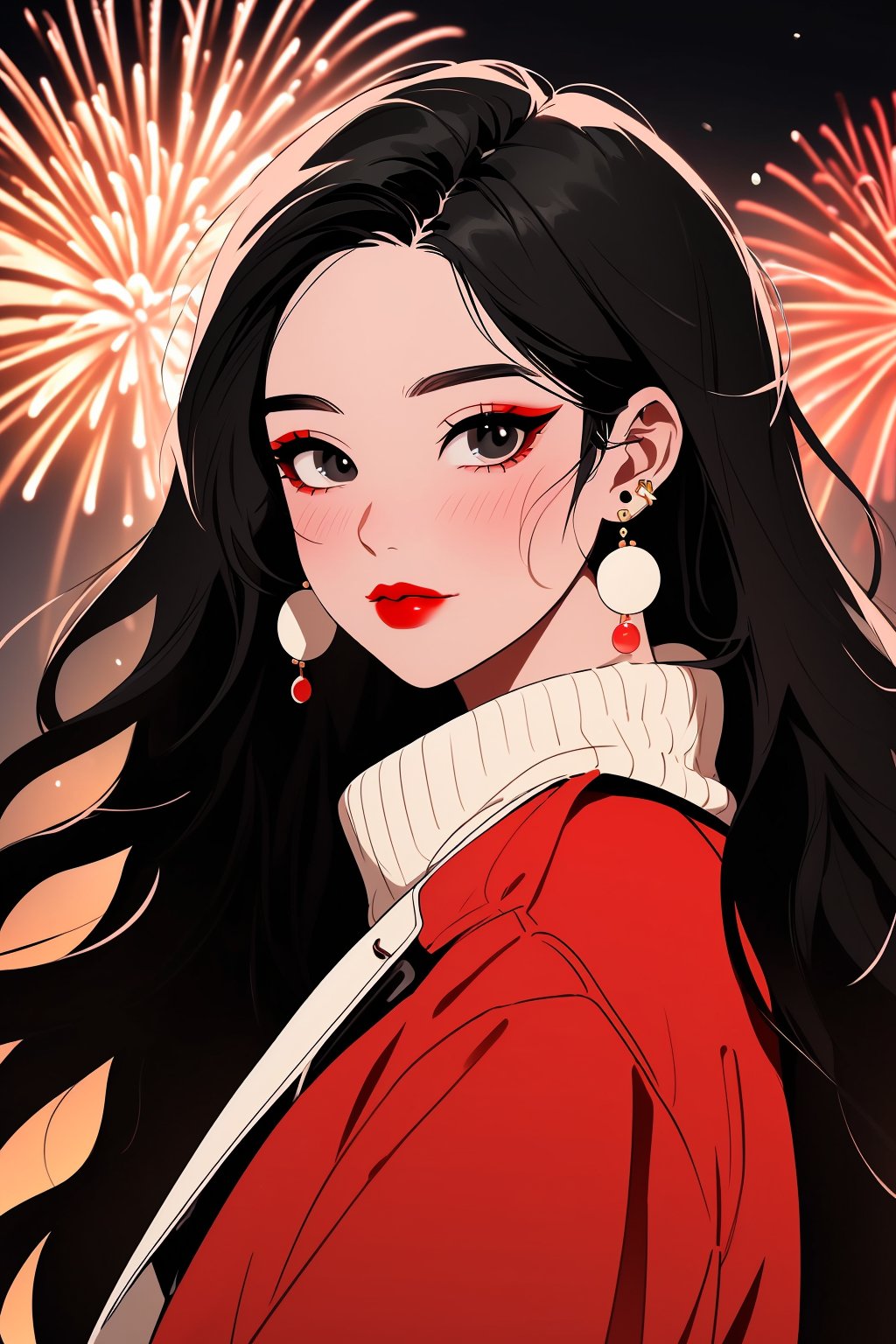 (best quality),(masterpiece),(ultra-detailed),illustration,8k wallpaper,best illustration,1girl, solo, black hair, jewelry, earrings, long hair, looking at viewer, makeup, red lips, black eyes, blush, eyeshadow, upper body, from side, lipstick, fireworks, coat, sweater, night,<lora:chgirlnewyear-0012:0.8>,