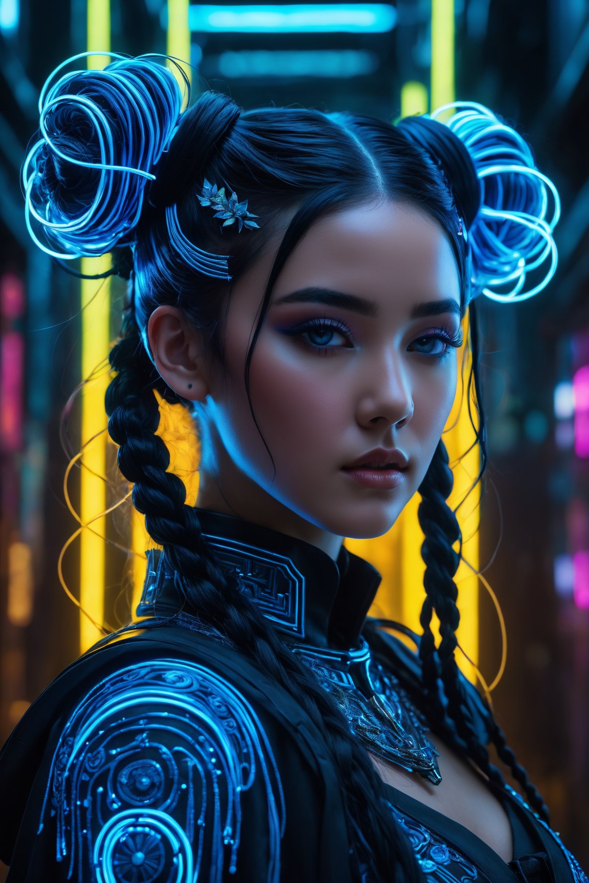 (best quality,8K,highres,masterpiece), ultra-detailed, cyberpunk woman adorned with long black hair fashioned into space buns. In this ethereal scene, she embodies the role of the goddess of horticulture, surrounded by millions of microscopic, ultra-bright blue neon strings emanating from her form. composition showcases a stunningly beautiful backlit silhouette, intricately detailed and adorned with neon clouds, creating a mesmerizing and vivid blue color palette.