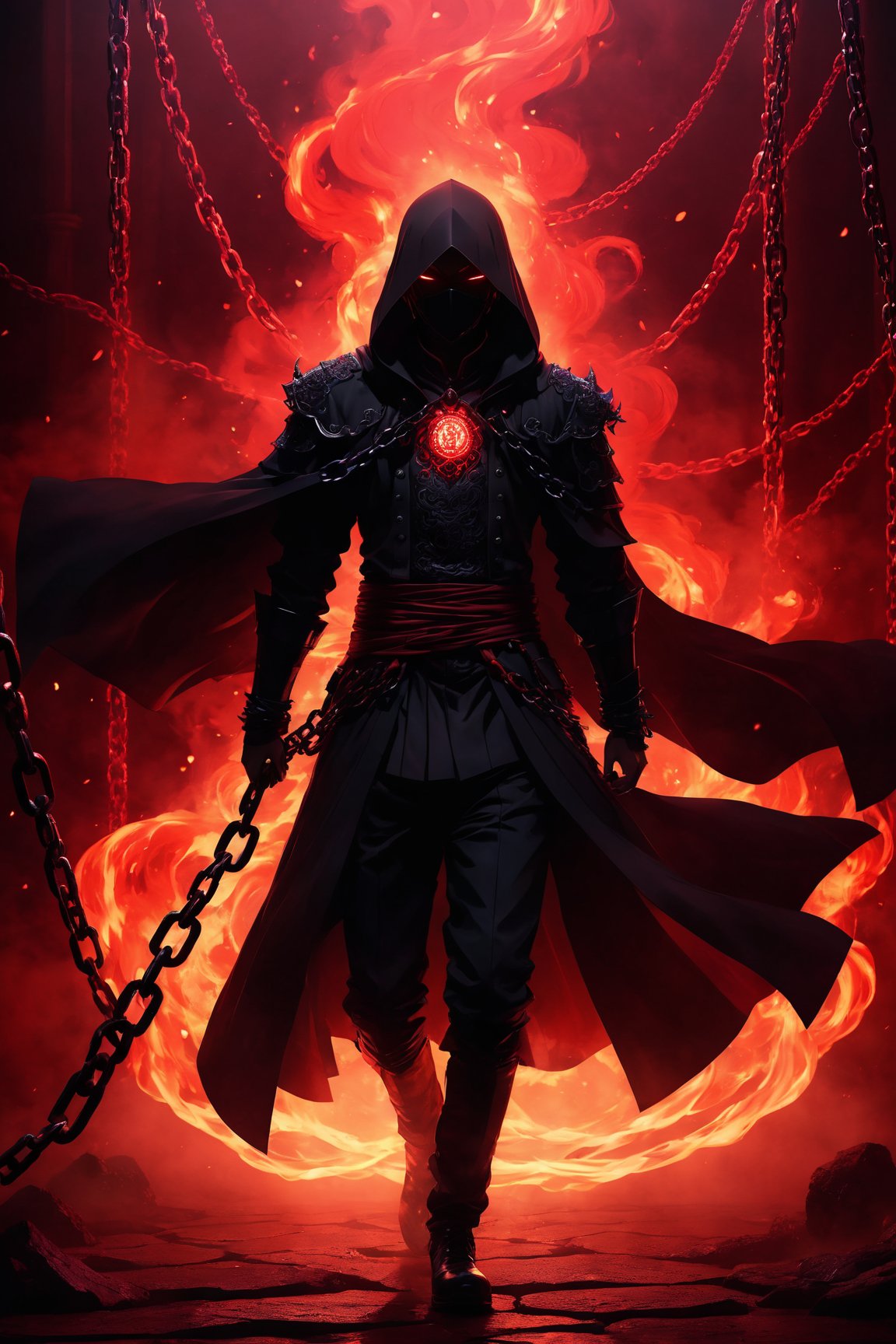 (Anime-style:1.3), (Dark and intense:1.2), A striking anime character, shrouded in shadows and poised for battle, stands against a deep crimson background adorned with menacing chains. Glowing red hollow fire particles dance around the scene, creating an otherworldly ambiance. The unique pastel look adds an ethereal touch to this dramatic and visually intense composition.