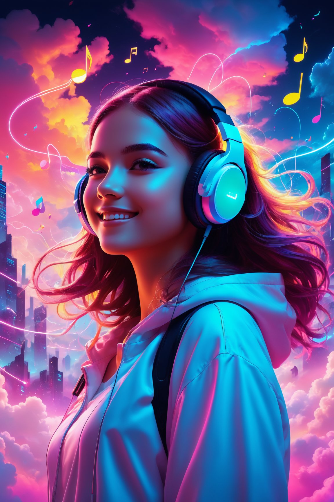 (best quality,highres),(realistic:1.37),pop-inspired,(electric dreamscape:1.1),isolated on a white background,girl with headphones, cute smile, vibrant colors, surreal atmosphere, neon lights, glowing clouds, abstract shapes, futuristic vibes, digital illustration, music notes floating in the air, energetic movement, dreamy aesthetic