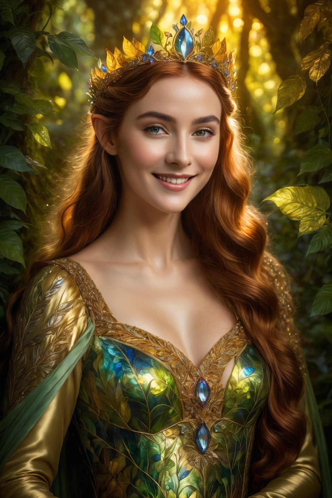 High quality, masterpiece, 8K, portrait, elven queen in a lush forest, shimmering golden gown, jeweled tiara, enigmatic smile, surrounded by ethereal glowing fauna, (magic-infused:1.4), vivid colors, intricate foliage patterns, chiaroscuro lighting, (Pre-Raphaelite art style:1.2)