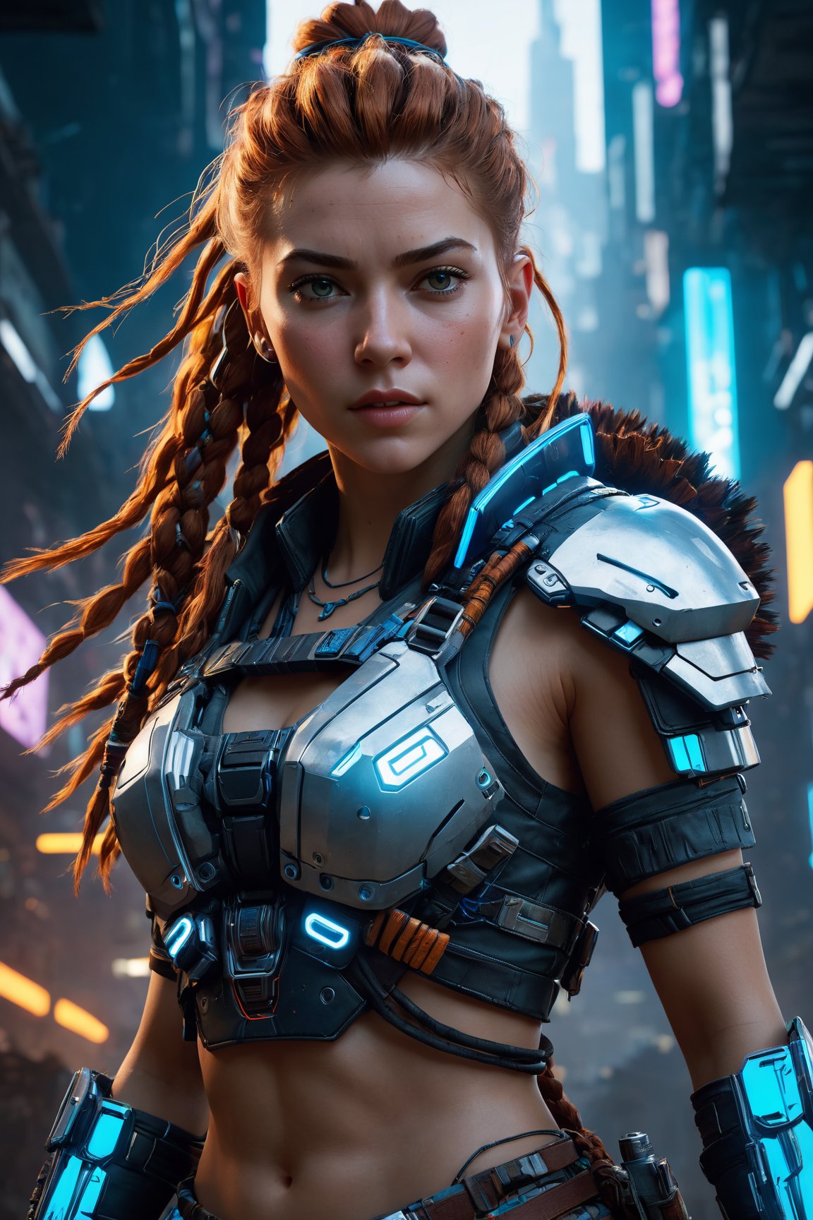 (best quality, 4K, 8K, highres), ultra-detailed, (futuristic cyberpunk illustration) portraying an American Caucasian heroine reminiscent of Aloy from Horizon Zero Dawn. Immerse yourself in a mesmerizing digital realm where this iconic character dons a cutting-edge cyberpunk ensemble, covering her entire figure. The high-resolution artwork unveils a world of urban sleekness, featuring Aloy in a sleek and modern cyberpunk outfit that gleams with reflective surfaces and neon accents, creating a visually striking and technologically advanced aesthetic. The artist's skilled strokes vividly capture Aloy's determination and strength, with atmospheric lighting that intensifies the cyberpunk ambiance. An exceptional masterpiece that seamlessly fuses gaming and cyberpunk elements, presenting Aloy in a new light that resonates with awe-inspiring futuristic glory.