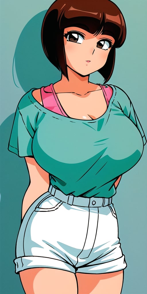 <lora:TendouNabikiV2:0.85> tendounabiki, huge_breasts, standing, solo, Aqua_shirt_Pink_undershirt_Short_shorts, masterpiece, best quality, detailed face, detailed eyes, highres,