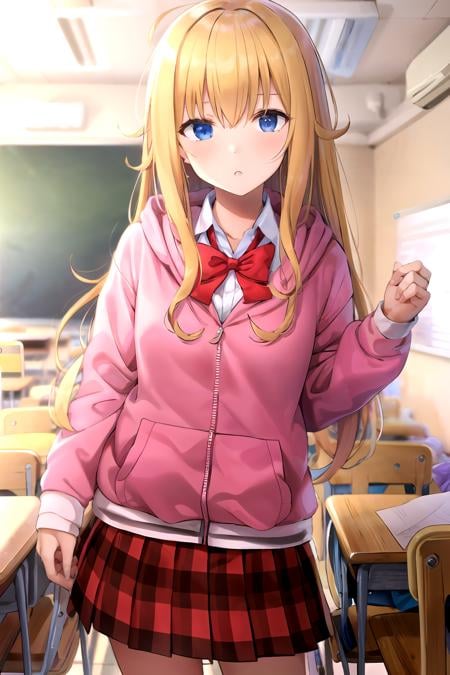 masterpiece, best quality, 1girl, <lyco:Gabriel-000012:1.0>, gabriel, skirt, shirt, bow, hoodie, indoors, classroom, standing, looking at viewer