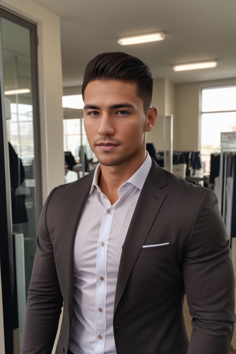 ,  masterpiece,  high quality,  highres,  portrait photo of Alvis as  Muscular male,  tall male,  muscular businesses man,  handsome,  matured,  businesses suit,  bulging muscle,  fade Hairstyles,<lora:EMS-252683-EMS:0.500000>