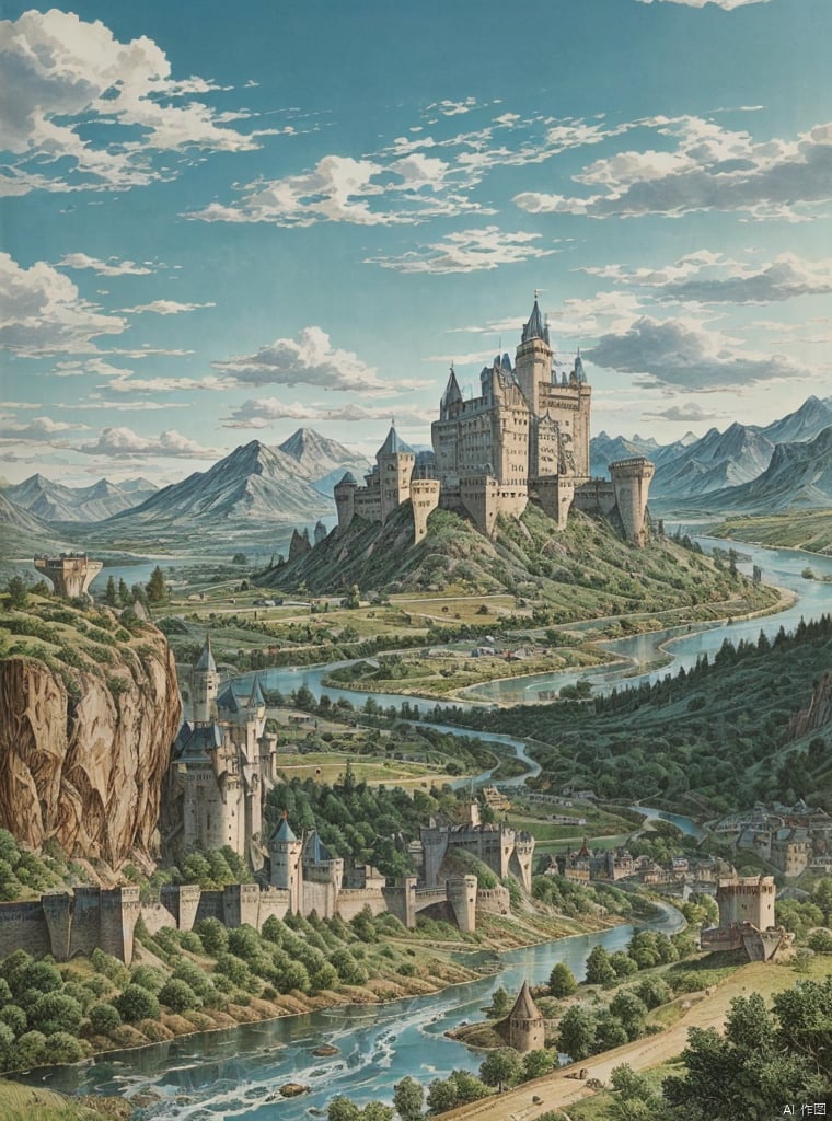  druuna style, cloud, blue sky, day, Mountains and rivers,scenery,(castle:1.3) ,Big scene