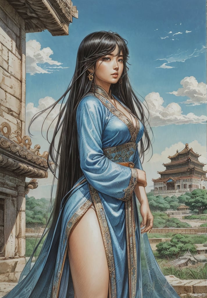  druuna style,China Ancient Palace, cloud, blue sky, day, scenery, ,1girl,Hanfu,, jewelry,, Long black hair,portraiture,seductive eyes,Perfect figure, Anime, 1 girl, seductive eyes,