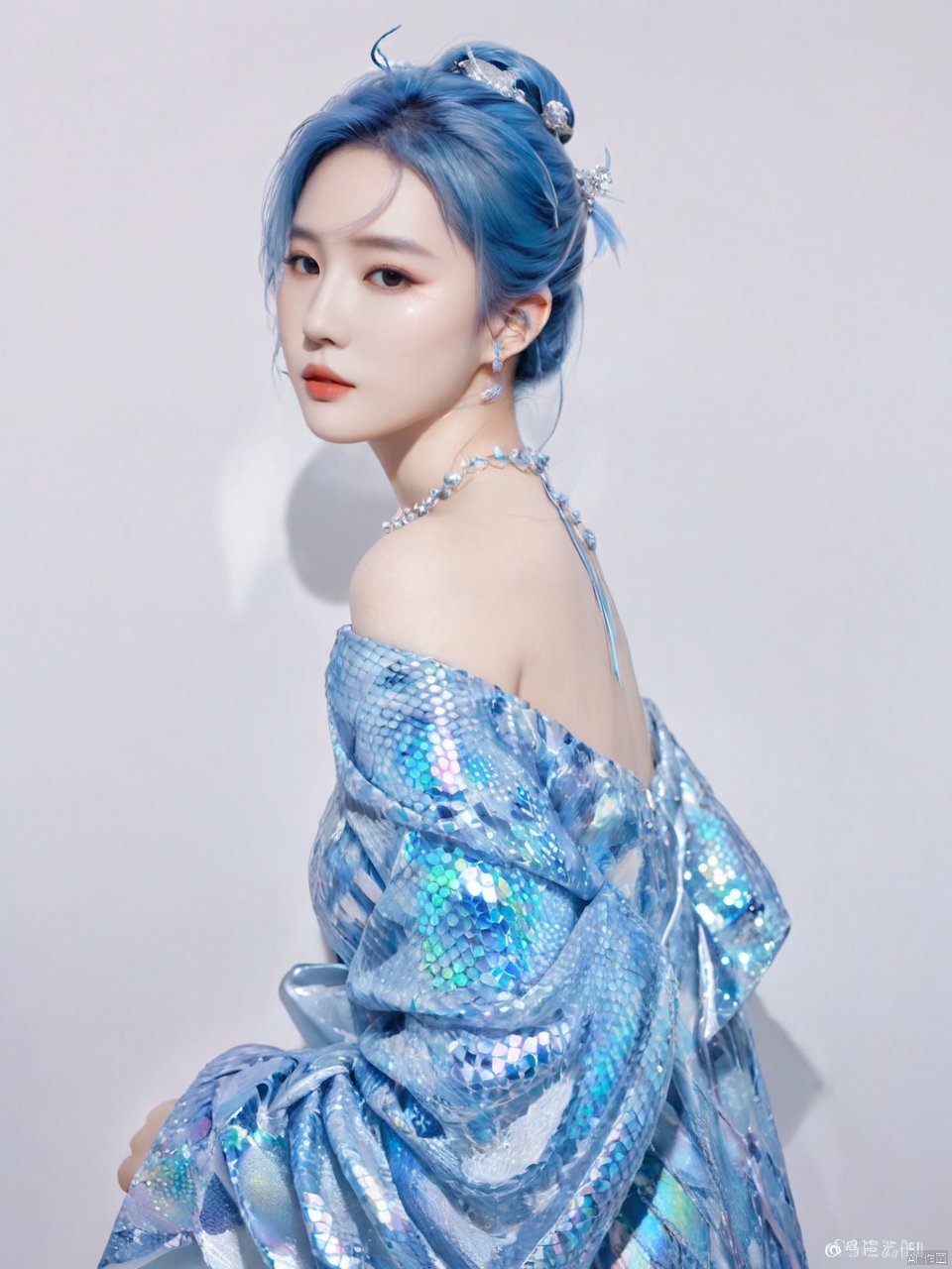  Transparent blue and white porcelain PVC skin, transparent blue and white porcelain colored skin scales, prisms, holography, color difference, fashion illustrations, masterpieces, Chinese dragon and Harajuku fashion, looking at the audience, 8k, super detailed, pixiv