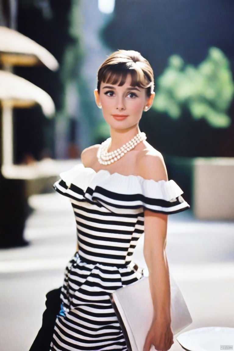  (masterpiece, best quality, hyper realistic, raw photo, ultra detailed, extremely detailed, intricately detailed), (photorealistic:1.4), (photography of Audrey Hepburn wearing a fashionable Striped off-the-shoulder ruffle hem dress, designed by Hubert de Givenchy, ), (smile), fairy, pure, innocent, beauty, (slender), super model, adr, Breakfast at Tiffany's, Sabrina, (glide_fashion), depth of field, (full shot), film grain, zeisslens,symmetrical,8kresolution,octanerender(OC渲染), extremely high-resolutiondetails,finetexture,dynamicangle,fashion(时尚), fashion,,