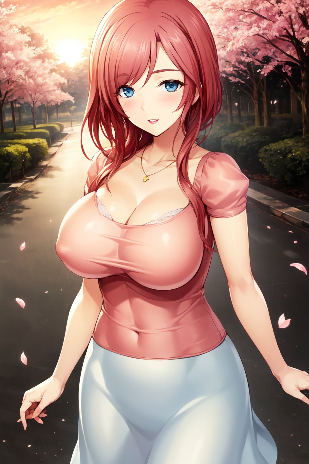 shiorima, 1girl, solo, necklace, pink shirt, large skirt, cleavage, cowboy shot, smile, looking at viewer, standing, blush, short sleeves, parted lips, sunset, cherry blossoms,  <lora:shiorima_V3-12:0.7>