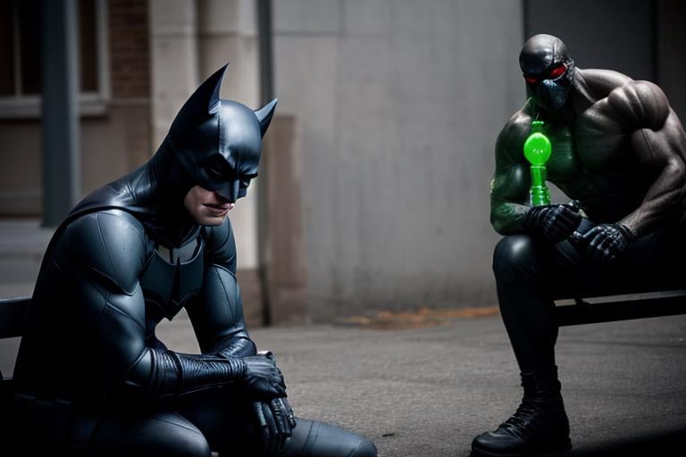 full body, a park, no human, high quality, ultra realistic, sharpen image, full body, Highly detailed,AND 1man sitting on a bench BatmanAND  1man sitting on a bench<lora:BaneDcComicsLora:0.8> black white mask, green glowing tubes, red glowing,eyes, extremely large muscular man, gloves, tank, top, pants, boots, armor, thick, veins