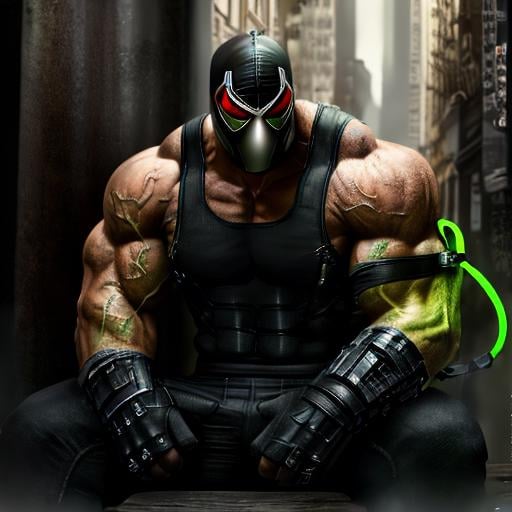 a man sitting in a cafe drinking tea, full body <lora:BaneDcComicsLora:1> green tubes on the arm and head, black, white, mask, green, thick, veins, extremely, large, muscular, man, red, glowing, eyes, gloves, tank, top, pants, boots, armor, 4k textures, soft cinematic light, cinematic look, insane details, hyperdetailed, Highly detailed, ultra realistic <lora:real_slider:5>