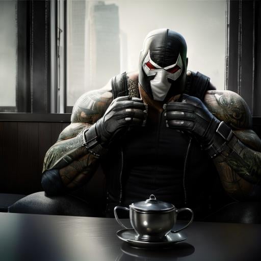 a man sitting in a cafe drinking teafull body <lora:BaneDcComicsLora:1> green tubes on the arm and head, black, white, mask, green, thick, veins, extremely, large, muscular, man, red, glowing, eyes, gloves, tank, top, pants, boots, armor, 4k textures, soft cinematic light, cinematic look, insane details, hyperdetailed, Highly detailed, ultra realistic <lora:real_slider:5>