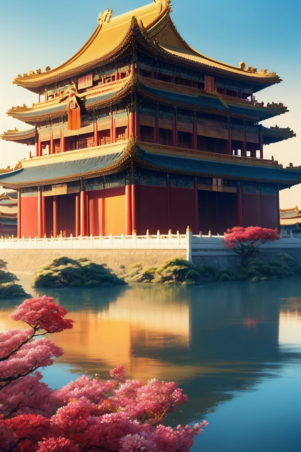 majestic, high-definition, vibrant, picturesque, 
giant Chinese imperial palace, traditional architecture, golden and red tones, 
beautiful scenery, bird songs, fragrant flowers, cloudless sky, 
cultural, historical, serene, visually striking, 