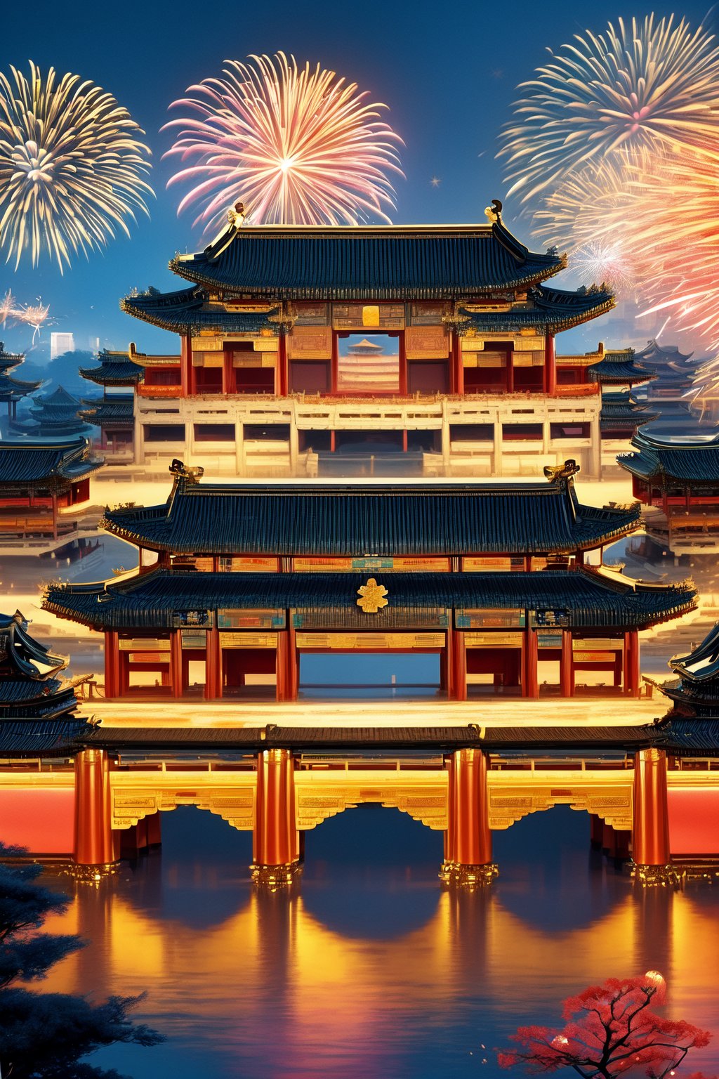 Masterpiece, high quality:1.5, 64K resolution, HDR, a grand and majestic golden Chinese palace under a starry night sky, vibrant fireworks illuminating the scene, intricate architectural details, rich cultural ambiance, panoramic view, (golden Chinese palace:1.4), (night sky with fireworks:1.3), epic scale.,Golden Chinese Dragon