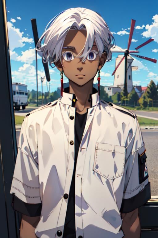 (best quality:1.1), (masterpiece:1.4), sketch, , upper body, , ligne claire, , 1boy, solo, male focus, <lora:izana_kurokawa:0.98>, izana_kurokawa, white hair, purple eyes, dark-skinned male, , , taxi driver costume, windmill, 8k resolution