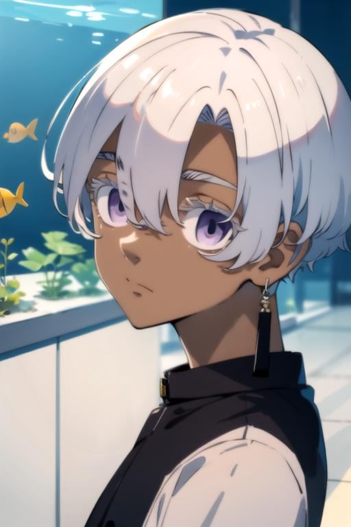 (best quality:1.1), (masterpiece:1.4), , , , , , , 1boy, solo, male focus, <lora:izana_kurokawa:0.8>, izana_kurokawa, white hair, purple eyes, , , short hair, , aquarium, High definition