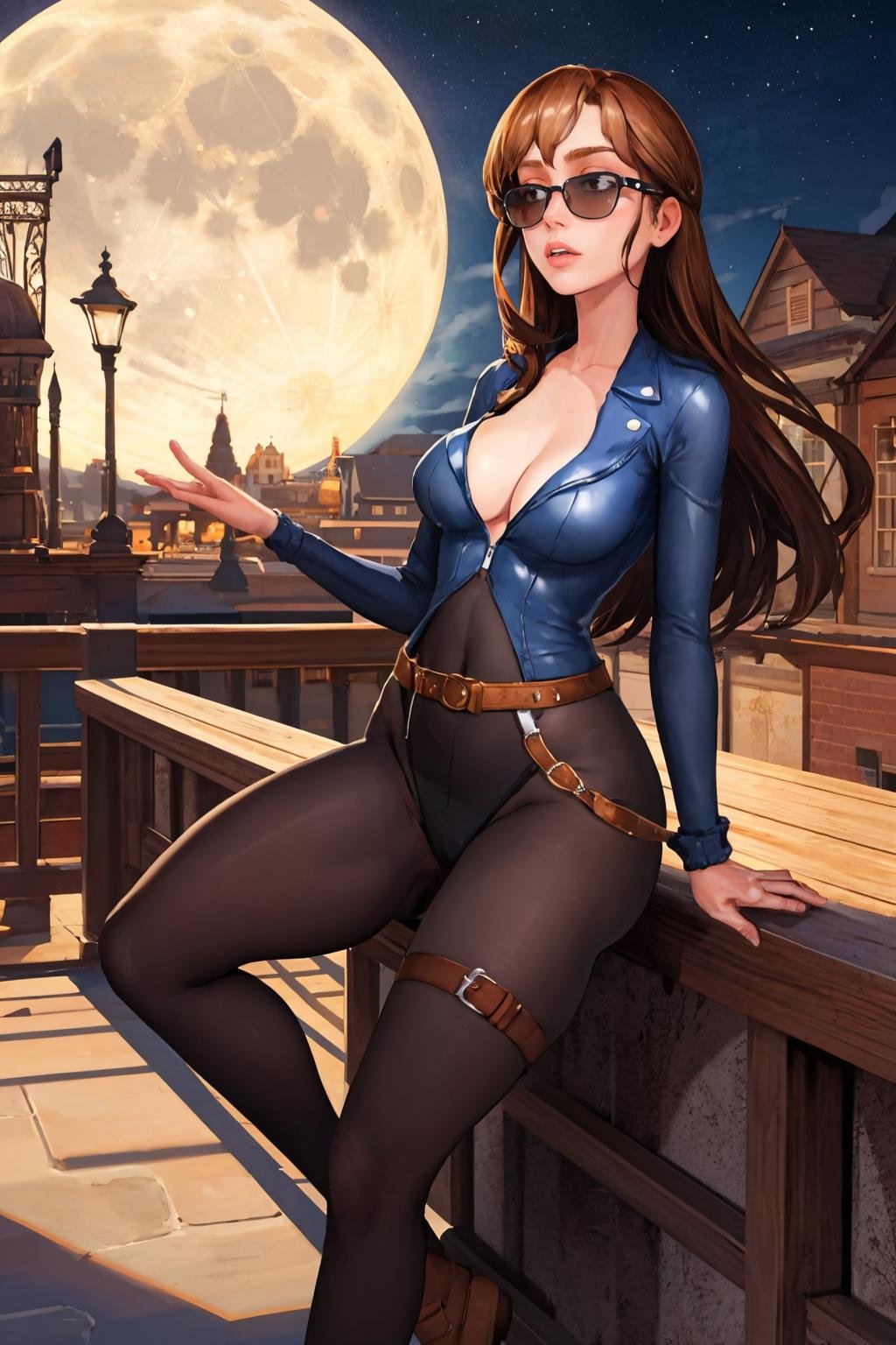 (masterpiece, best quality:1.2), <lora:taffytales:1>, taffytales, 1girl, bat \(animal\), breasts, long hair, solo, cleavage, belt, very long hair, bodysuit, moon, brown hair, sunglasses, medium breasts