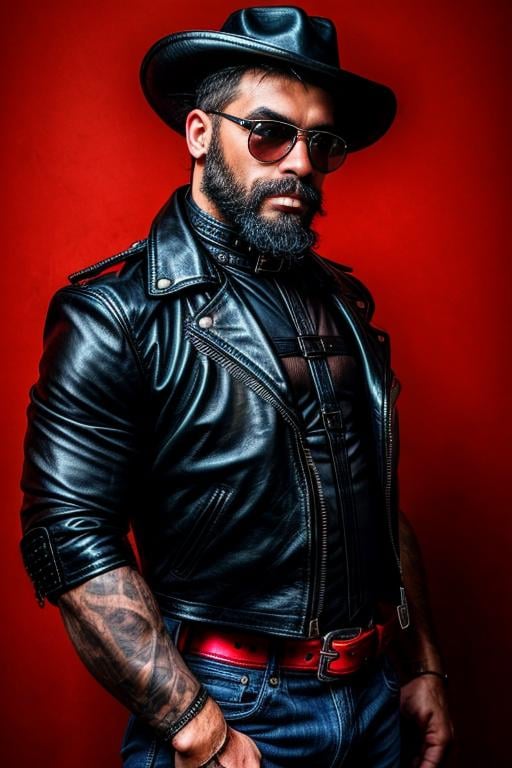 best quality,  vivid colors,  high contrast photo of a man with a beard wearing a leather biker hat and leather harness ha...