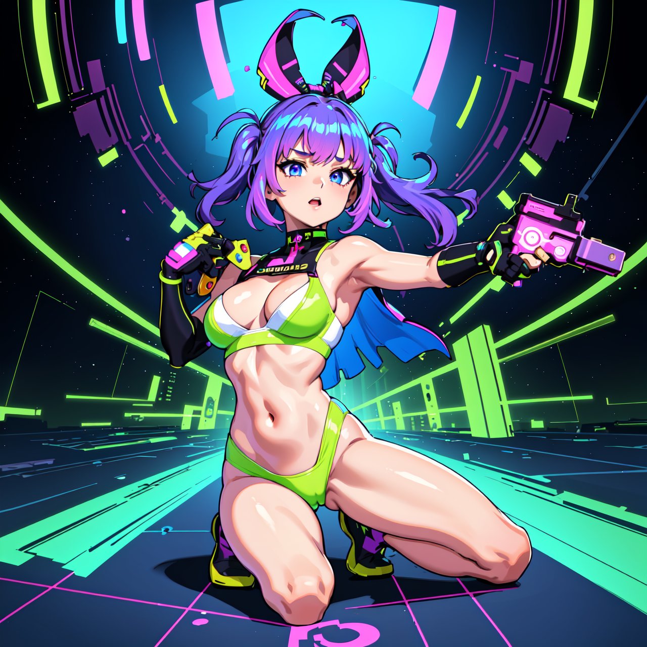 (best quality,4k,8k,highres,masterpiece:1.2),ultra-detailed, girl with a pistol in hands,neon colors illuminating the scene,urban cityscape in the background