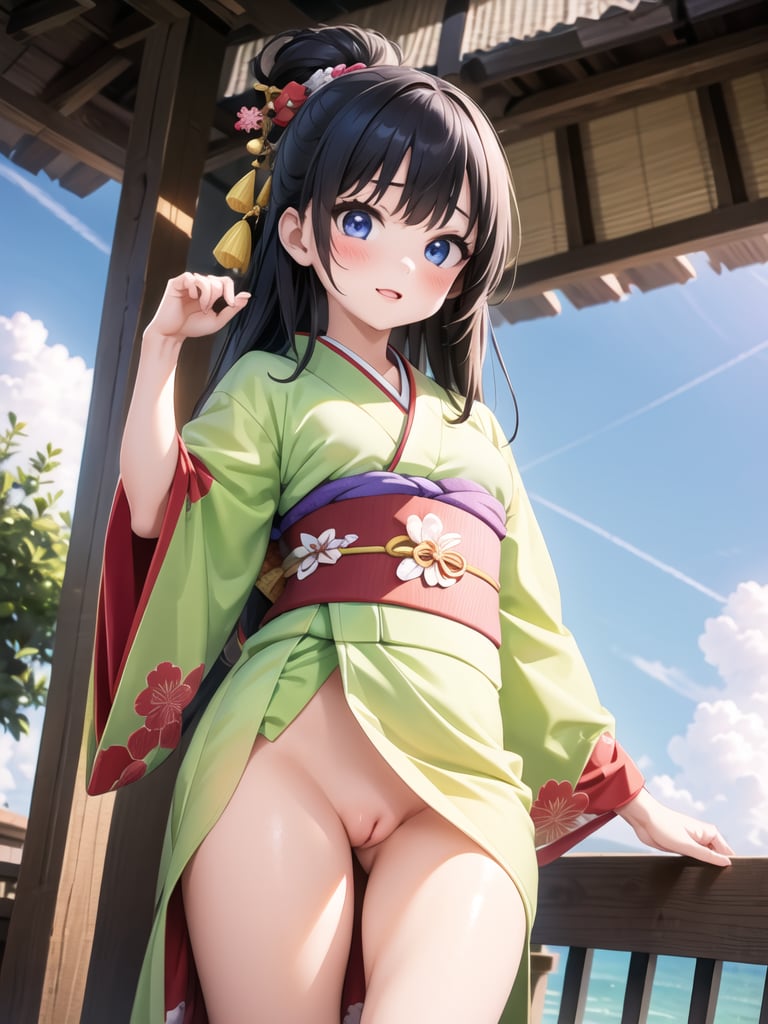 a girl, kimono, pussy, long hem, holding hem, medium breasts <lora:kimono pussy-001_0.5:1>