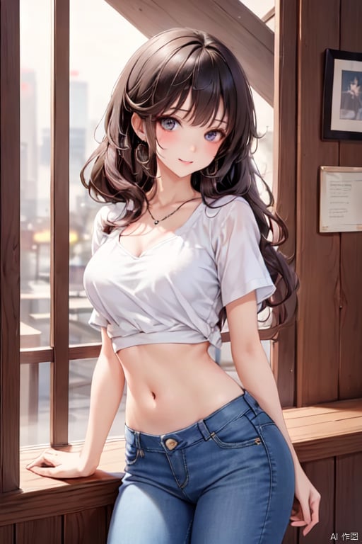 1girl, solo, long hair, black hair, earrings, looking at viewer, breasts, shirt, pants, denim, crop top, lips, white shirt, short sleeves, jeans, cowboy shot,At the bar, standing, medium breasts, midriff, closed mouth, realistic, luoxinyu, yuechan_wedding_lothes,A seductive look, cute eyes,coquette,(((enchanting))),