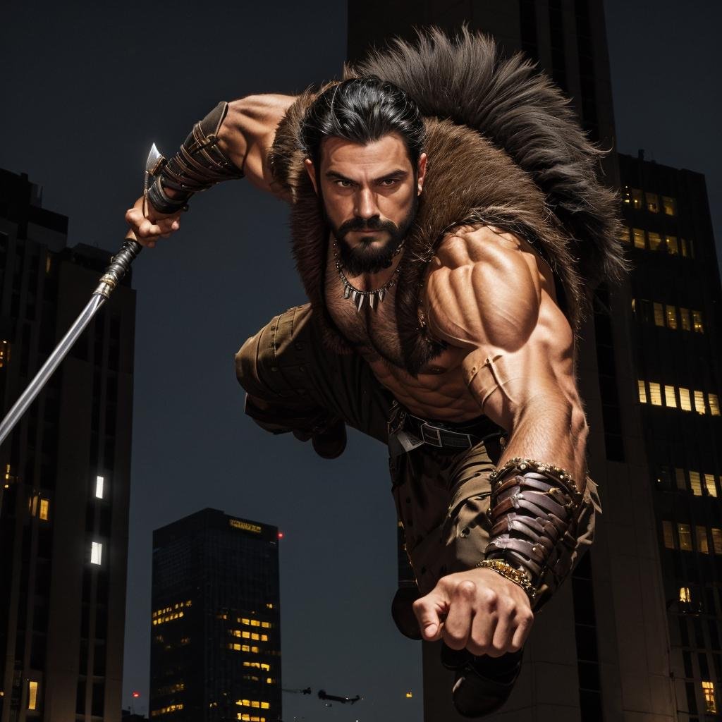 a man holding a spear jumping from a building hunting his prey at night <lora:KraventhehunterLoRA:0.6> 1boy, male focus, solo, facial hair, black hair, muscular, beard, holding, weapon, abs, manly, necklace, mustache