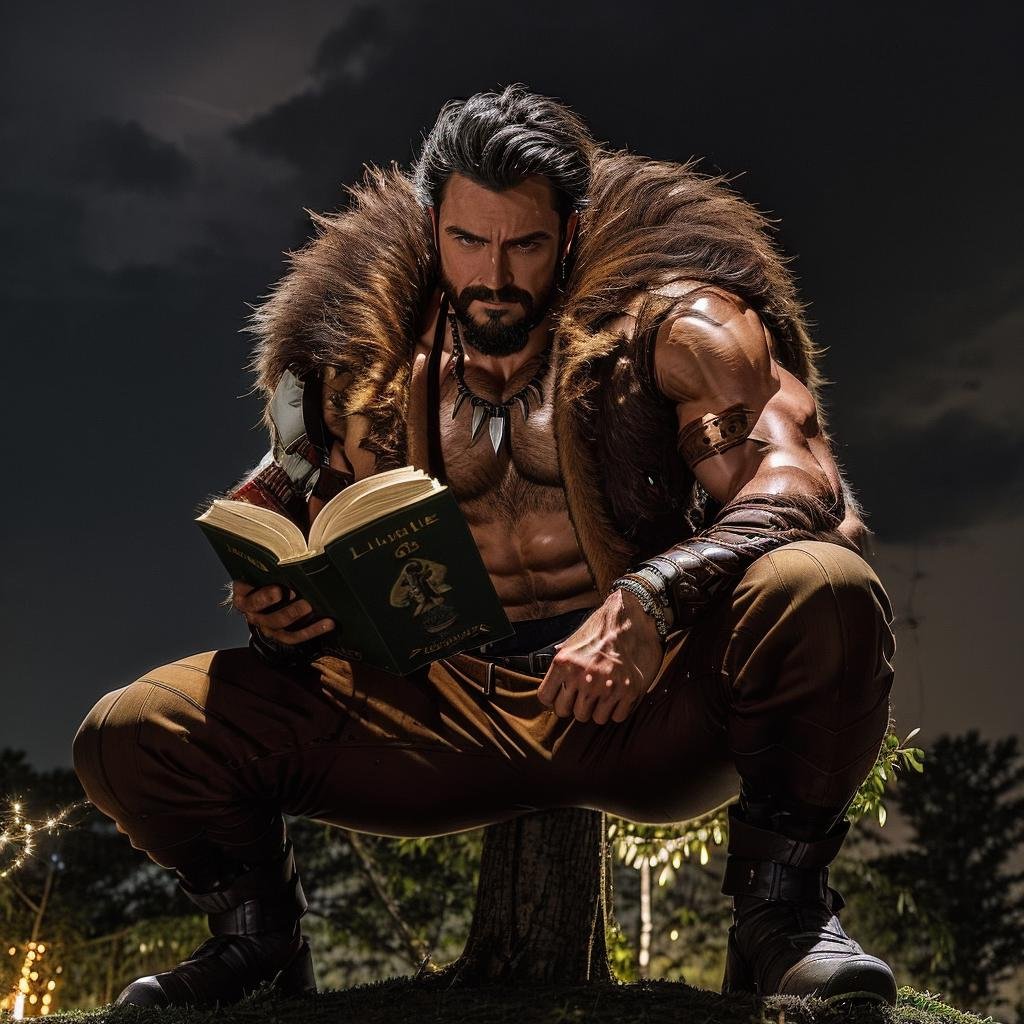 ((a man squatting on a tree reading a book)), lightning in the background <lora:KraventhehunterLoRA:0.8> 1boy, male focus, solo, facial hair, black hair, muscular, beard, holding, weapon, abs, manly, necklace, mustache