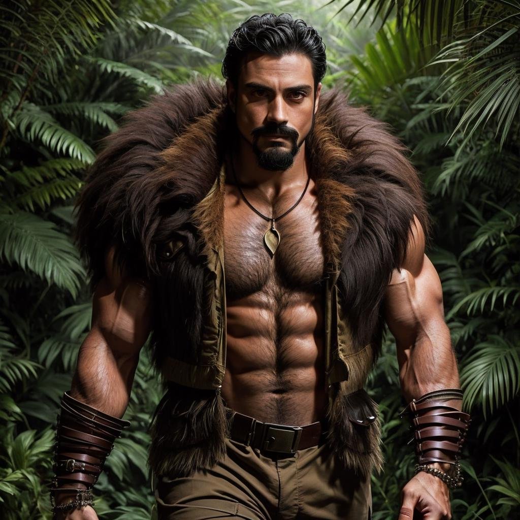 a man walking in a jungle <lora:KraventhehunterLoRA:0.6> 1boy, male focus, solo, facial hair, black hair, muscular, beard, holding, weapon, abs, manly, necklace, mustache