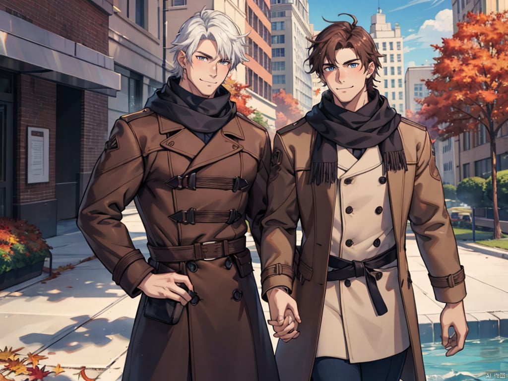 autumn, 2 boys, brown coat, scarf, hand holding coffee, smile, water vapor, outdoors, morning, ginkgo biloba, skyscraper, ((masterpiece)),((best quality)),8k,high detailed,ultra-detailed,anime,CG,{{Masterpiece, Best Quality, Extremely Detailed CG, Unity 8k Wallpaper }},