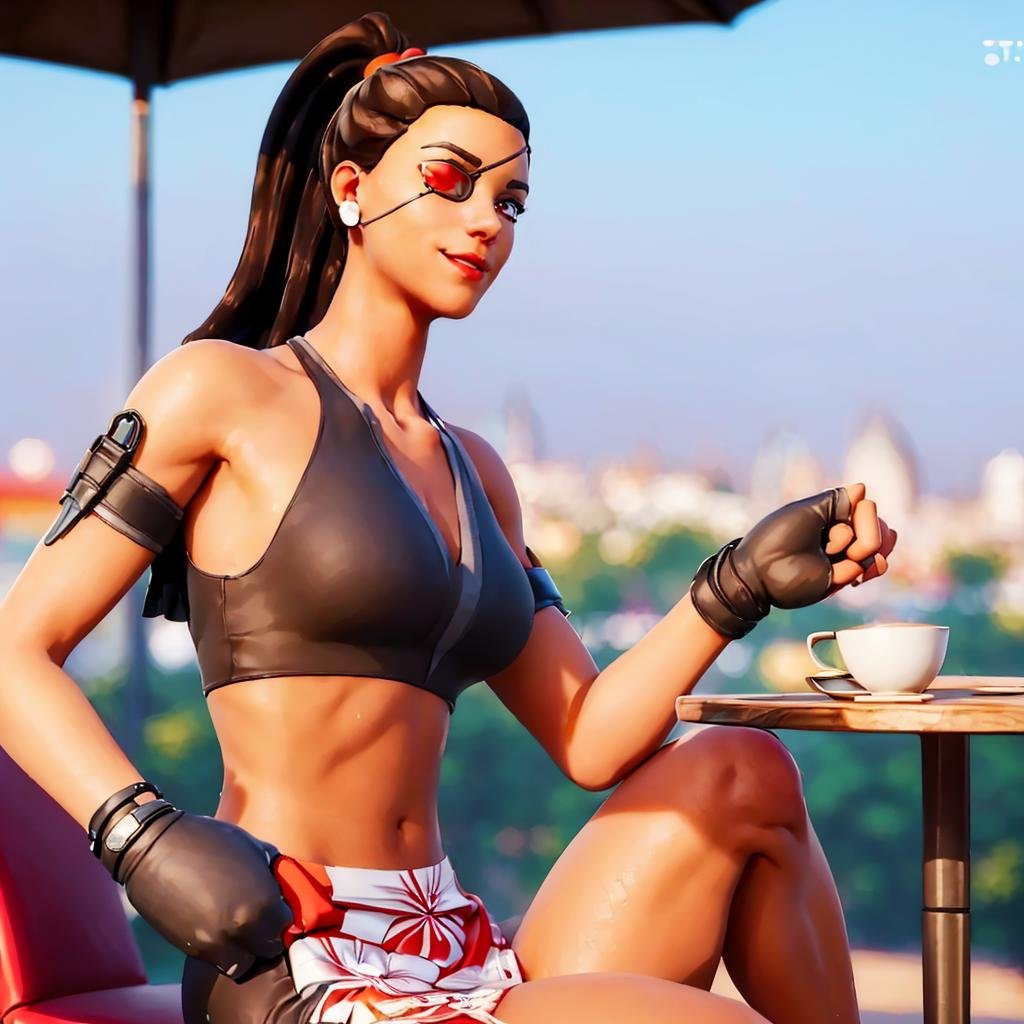 ((a woman sitting in a cafe drinking tea,  city in background,  full body)) rio by Bloodysunkist on Tensor.Art