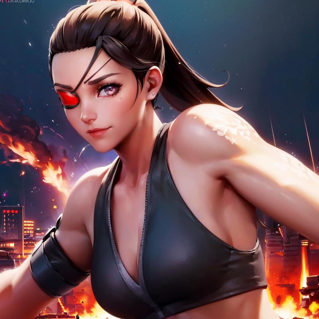 ((a woman bruised in fighting stance on a battlefield,  ruins in background,  explosions by Bloodysunkist on Tensor.Art